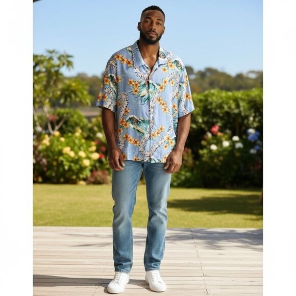 Vintage Tommy Bahama Mens L Shirt Hawaiian Blue Floral Short Sleeve - Picture 2 of 13